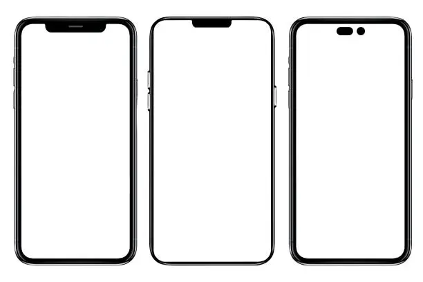 Photo of Smartphone similar to iphone 14 with blank white screen for Infographic Global Business Marketing Plan, mockup model similar to iPhone isolated Background of digital investment economy - Clipping Path