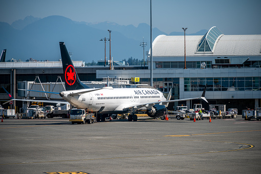 Vancouver, British Columbia - July 31, 2022: Air Canada aircraft on the tarmac of Vancouver's international airport.