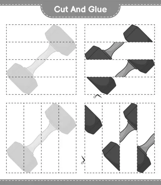 Vector illustration of Cut and glue, cut parts of Dumbbell and glue them. Educational children game, printable worksheet, vector illustration
