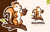 istock Cute squirrel holding acorn nut to eat vector mascot logo illustration. suitable for web landing page, poster, banner, brand identity. 1422512055