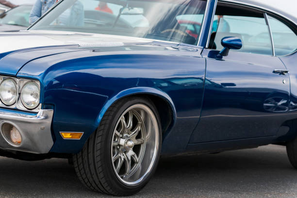 istock Front view of an blue american muscle car. 1422512840