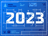 istock Card of New Year 2023 as blueprint drawing 1422514101