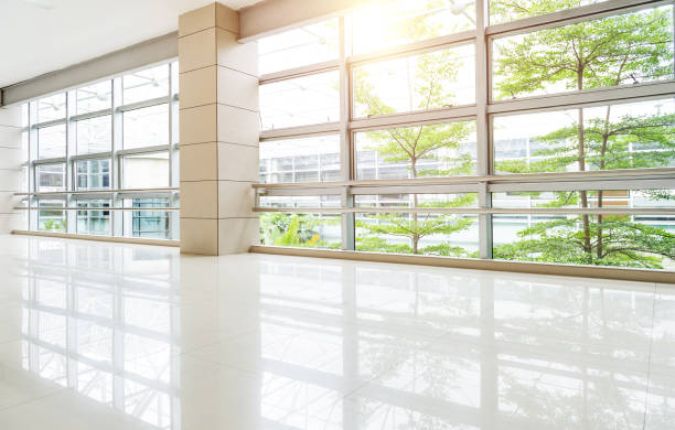 istock Empty corridor in modern office building with green tree outside the window 1422516058