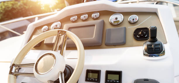 istock Steering wheel on luxury yacht cabin 1422516131