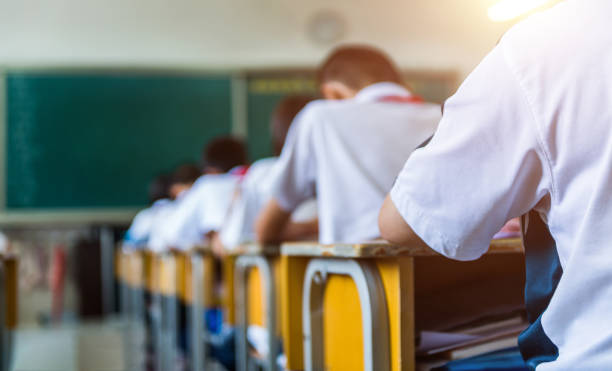 Rear view of middle school students studying in classroom Rear view of middle school students studying in classroom primary school exams stock pictures, royalty-free photos & images