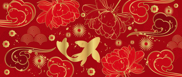 ilustrações de stock, clip art, desenhos animados e ícones de vector banner with traditional chinese elements and ornament. koi carp in gold color on a red background with flowers. chinese background. - lily flower vector red