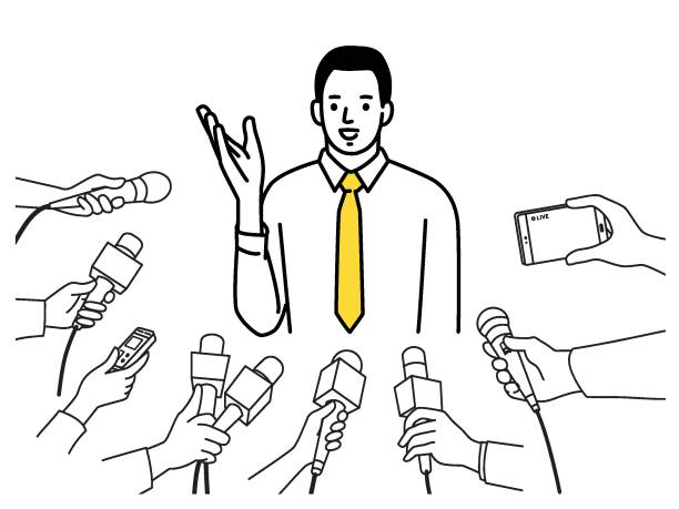 Politician interview by journalists with many equipment Male politician being interviewed by journalists with media equipment surround him. Cute character vector illustration design, outline, linear, thin line art, hand drawn sketch, simple style. interview stock illustrations