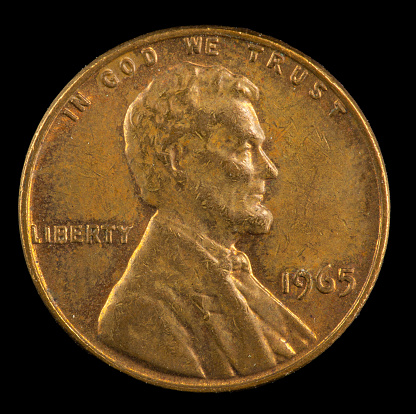 1965 plain US Lincoln cent minted in Philadelphia.