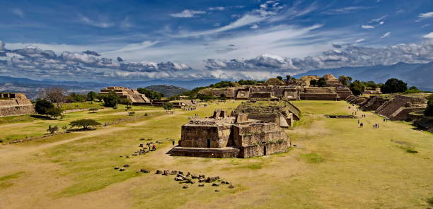 Greta Plaza of Monte Alban, a large pre-Columbian archaeological site in Oaxaca state, Southern Mexico. stock photo
