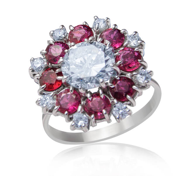 istock Golden ring with diamonds and rubies 1422524371