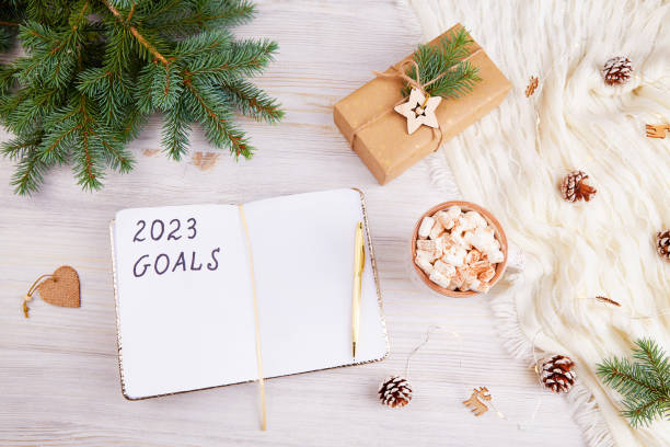 istock An open notebook with 2023 goals letters text. Planner, a cup of cocoa or hot chocolate with marshmallows, a gift in kraft paper, spruce branches and christmas decorations 1422525047