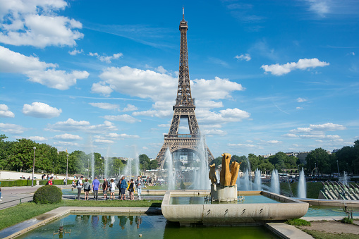 Editorial. June, 2022. Paris, France. Eiffel Tower and Trocadero fountains in summer