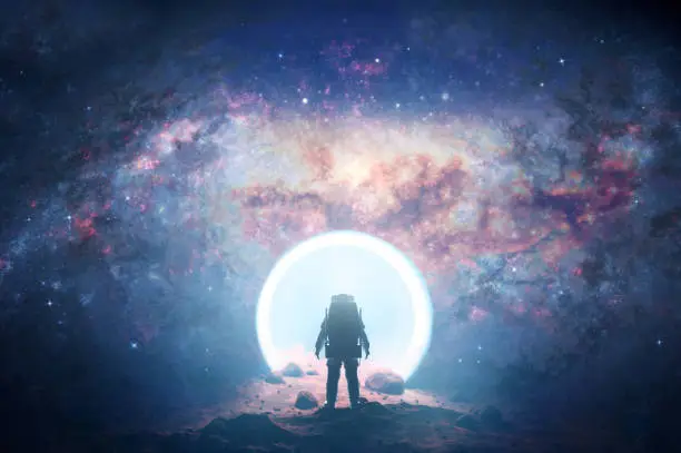Astronaut on alien planet entering spacetime portal light. Science fiction universe exploration. 3D render