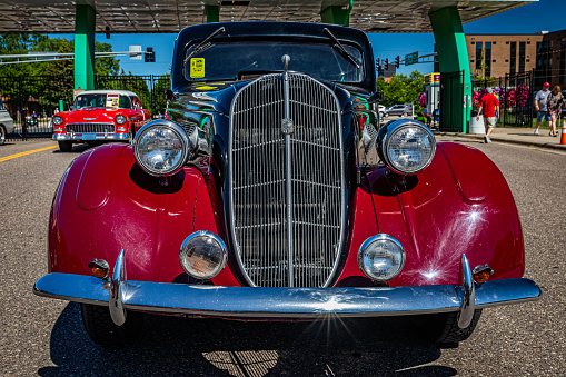 Falcon Heights, MN - June 17, 2022: Low perspective front view of a 1936 Nash Ambassador 4 Door Sedan at a local car show.