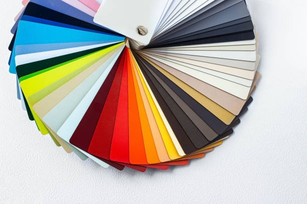 istock Colorful color guide with palette of paint samples on white background with copy space. Catalog for tinting 1422528972
