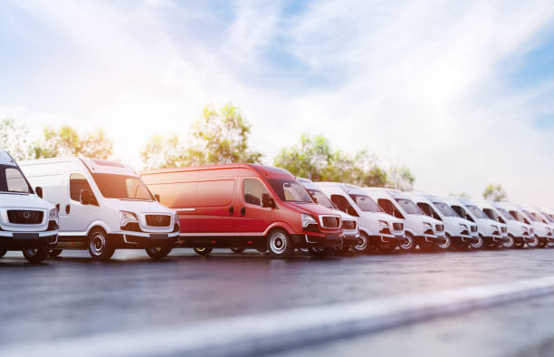 istock Transportation van and fleet of cargo trucks courier service 1422531276