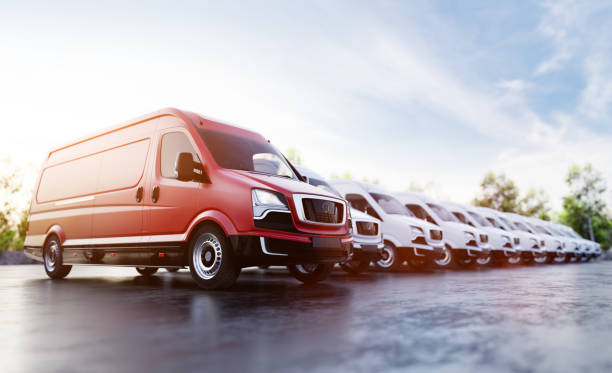 istock Transportation van and fleet of cargo trucks courier service 1422531293