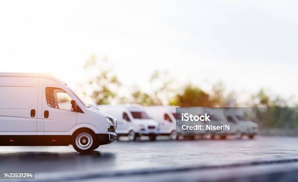 Transportation Van And Fleet Of Cargo Trucks Courier Service Stock Photo - Download Image Now