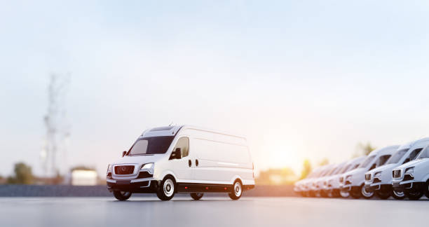istock Transportation van and fleet of cargo trucks courier service 1422531300