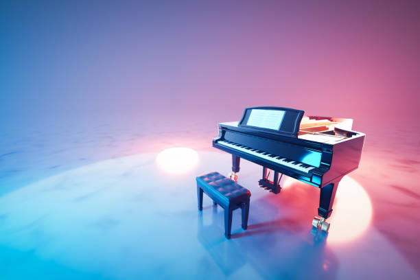 istock Classic grand piano keyboard in neon spotlight 1422531506