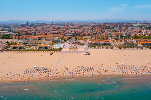 Aerial view of Valencia  Malvarrosa beach Spain