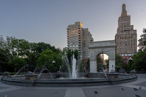 View of the Washington Square Fountain and Arch During Sunrise