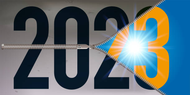 ilustrações de stock, clip art, desenhos animados e ícones de greeting card with a zipper opening on the year 2023. - anticipation