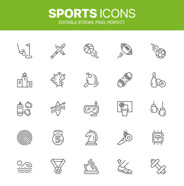 illustrations, cliparts, dessins animés et icônes de ensemble d’icônes sportives. ensemble de 25 icônes d’activité sportive. collection de symboles de la ligne sport et fitness - baseballs ball sport gym