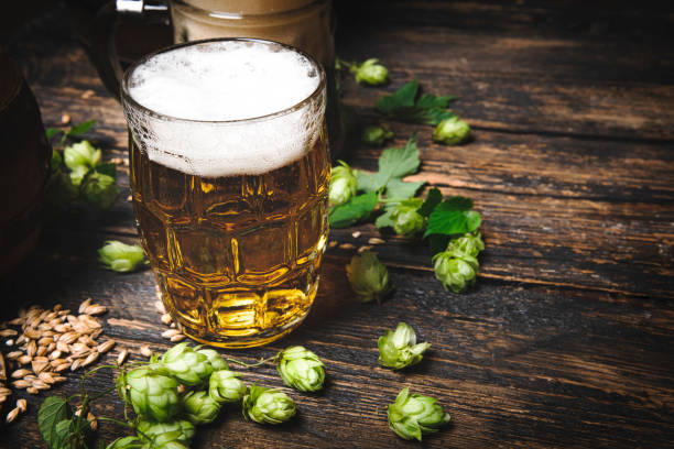 beer glass with green hops and wheat on wooden black background - rustic beer brewery indoors imagens e fotografias de stock