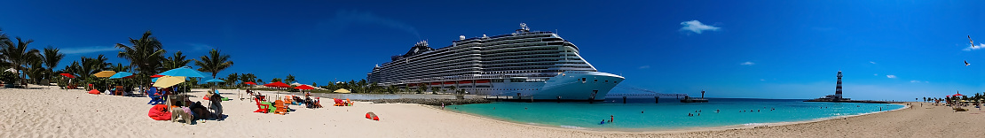 Ocean Cay, Bahamas - April 29, 2022: MSC Seashore cruise ship docked at tropical island Ocean Cay, Bahamas during Caribbean voyage