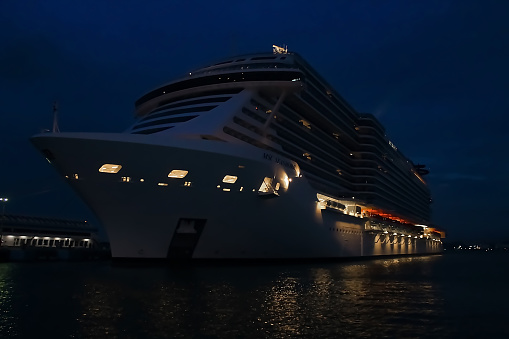 San Juan, Puerto Rico - May 02, 2022: MSC Seashore cruise ship docked at tropical port at San Juan, Puerto Rico