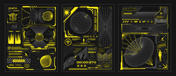 illustrations, cliparts, dessins animés et icônes de affiches rétro futuristes avec des wireframes 3d de sphères et de tores. interfaces virtuelles cyberpunk, fenêtres de technologie numérique, grilles de perspective, impression pour t-shirt, sweat à capuche ou sweat-shirt - techno