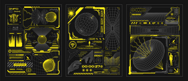 Retro futuristic posters with 3D wireframes of spheres and torus. Cyberpunk virtual interfaces, digital technology windows, perspective grids, print for t-shirt, hoodie or sweatshirt Retro futuristic posters with 3D wireframes of spheres and torus. Cyberpunk virtual interfaces, digital technology windows, perspective grids, print for t-shirt, hoodie or sweatshirt vintage speedometer stock illustrations