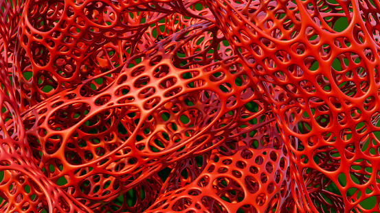 abstract texture alien infection structure with holes element red plastic curves 3D illustration
