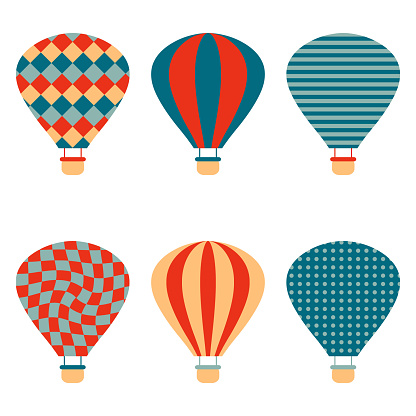 Hot air balloons clipart collection  in simple retro style. Perfect for posters, greeting cards, T-shirt, stickers and print. Isolated vector illustration for decor and design.