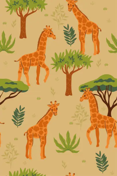 Vector illustration of Seamless pattern with giraffes in the savanna. Vector graphics.