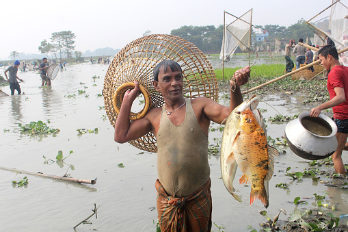 On special days of the year, villagers along with their relatives descend on the bill together for fishing. It is known locally as Polobawa Utsav (Fishing Ffestival) even though fishing is done using various materials including Polo and nets. Fishermen are showing fish in a festive atmosphere. Sylhet, Bangladesh, 13 January 2018.