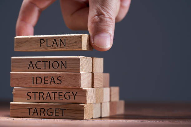 istock Plan, ideas, action, strategy, target - written in the wood blocks on gray background. 1422564145