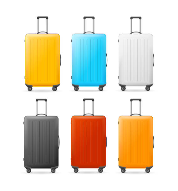 realistyczny szczegółowy zestaw pustych walizek 3d different bright color. wektor - black sign holding vertical stock illustrations