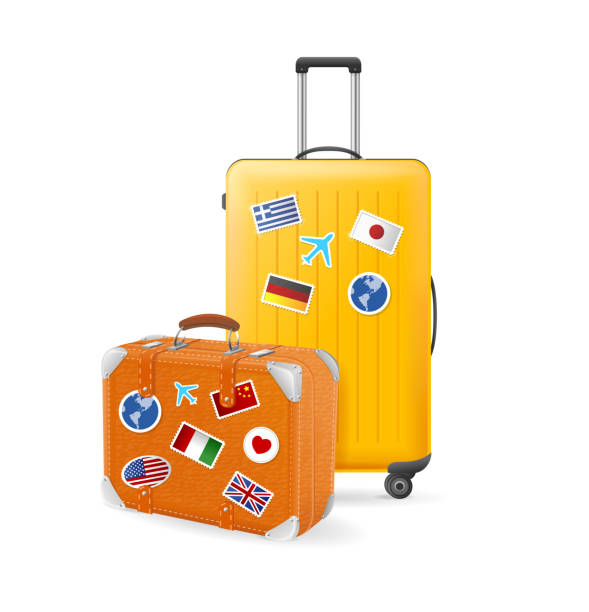 ilustraciones, imágenes clip art, dibujos animados e iconos de stock de maleta de viaje 3d 3d realista y retro con banderas adhesivas. vector - suitcase