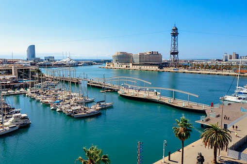 Aerial view of Rambla del Mar and Port Vell in Barcelona Spain