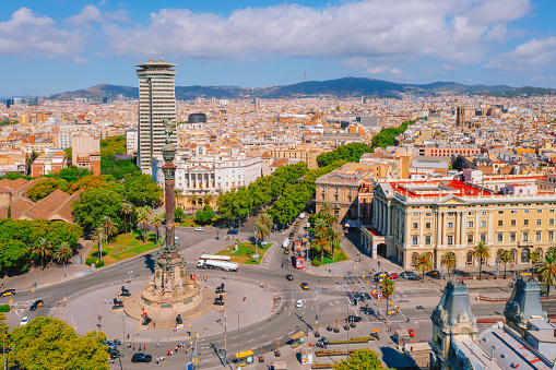Aerial view of Columbus Monument and Passeig de Colom in Barcelona, Spain