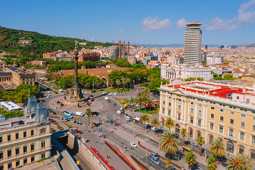 Aerial view of Columbus Monument and Passeig de Colom in Barcelona, Spain