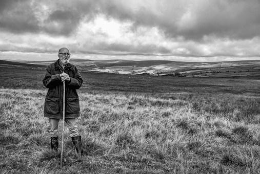 Elderly farmer out walking the Moors on the Preseli Hills in Wales.