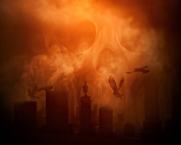 жуткое кладбище с черепом и воронами - halloween horror death gothic style стоковые фото и изображения