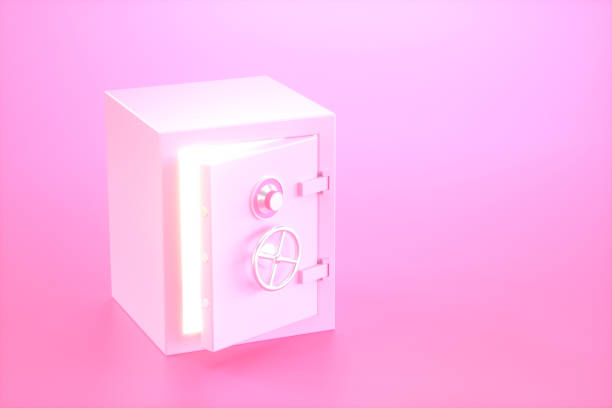 istock Pink safe deposit box with with bright glowing through half opened door. 3d render 1422585536