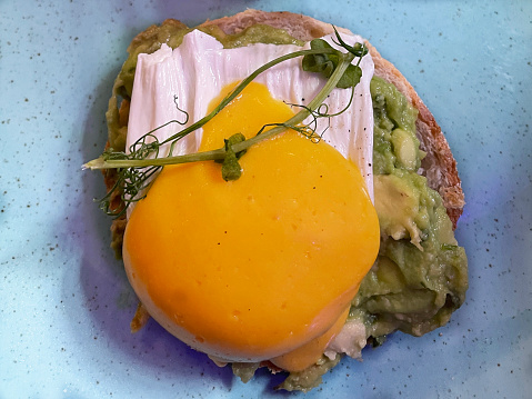 Stock photo showing elevated view of a blue plate containing a toasted, buttered ciabatta bap half topped with mashed avocado and poached egg covered with hollandaise sauce.