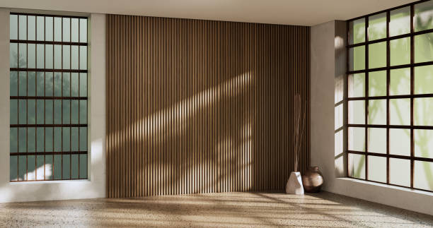 istock Architecture and interior concept Empty room and wood panels wall background 3D illustration rendering 1422587764