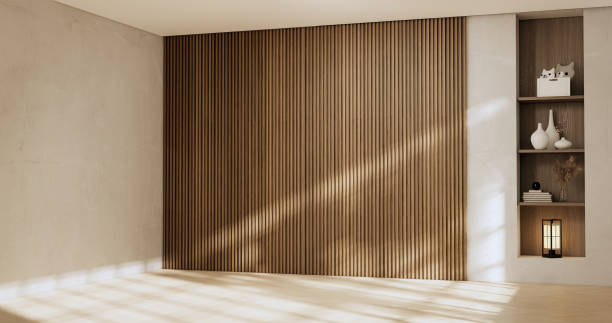 istock Architecture and interior concept Empty room and wood panels wall background 3D illustration rendering 1422587874