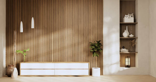 istock Architecture and interior concept Empty room and wood panels wall background 3D illustration rendering 1422587947